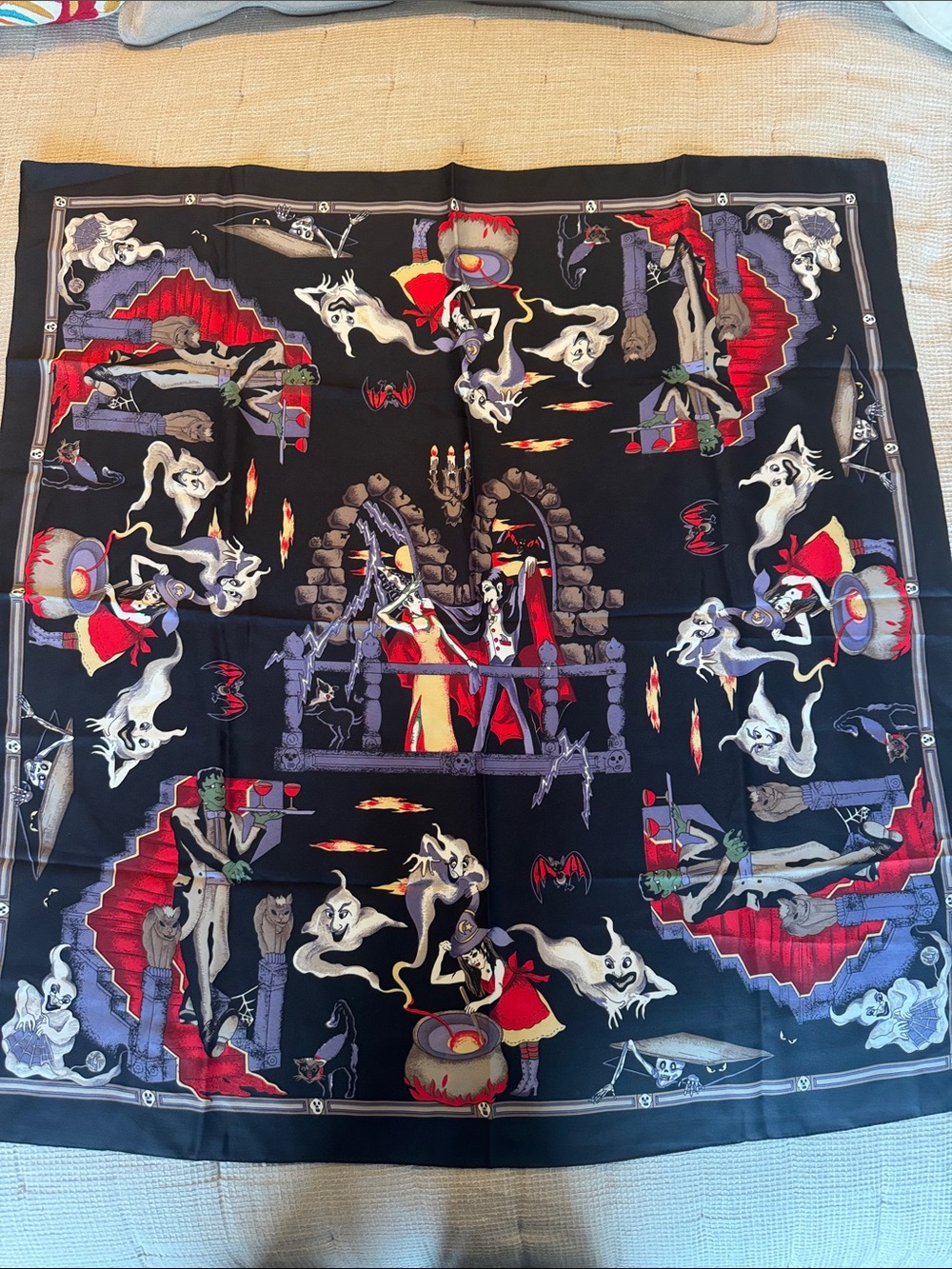 Vintage Silky Black Halloween Ghost Print Square Scarf 34”x34”